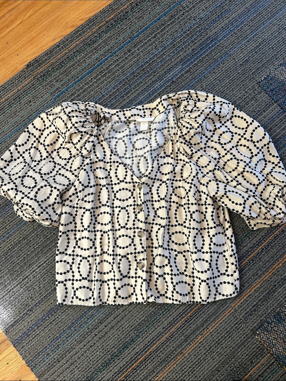 Cream Puff-Sleeve Button Front Top with Black Dot Chain Print